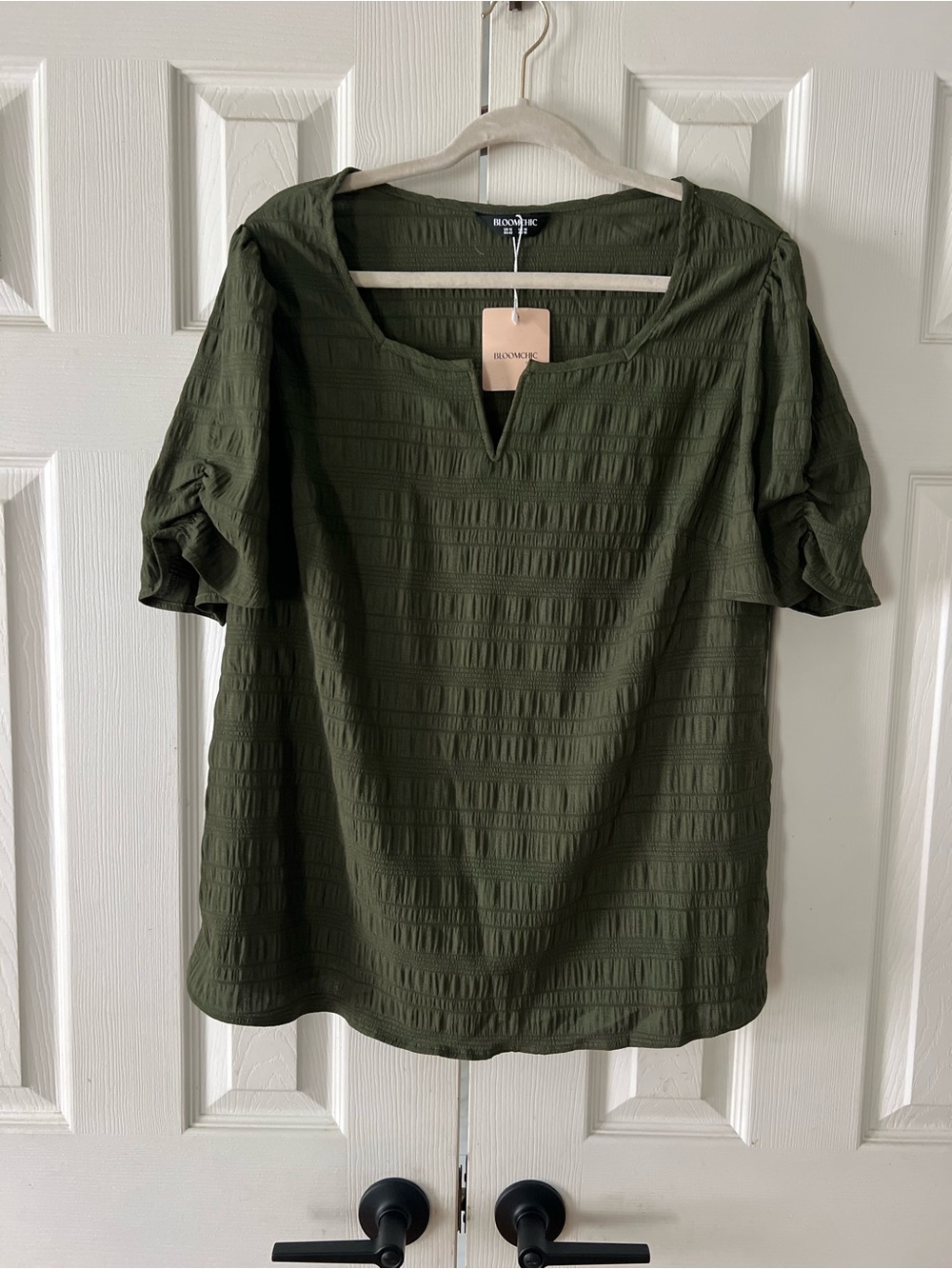 BloomChic Olive Green Textured Split-V Blouse - Picture 2 of 4